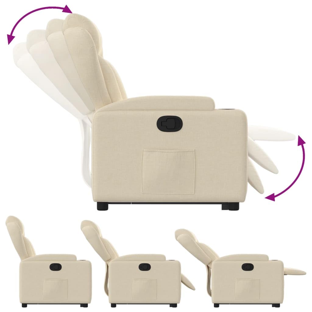 Sillón elevador eléctrico reclinable de tela color crema con elevación automática y respaldo manual, cómodo con portavasos y bolsillo lateral, estructura estable
