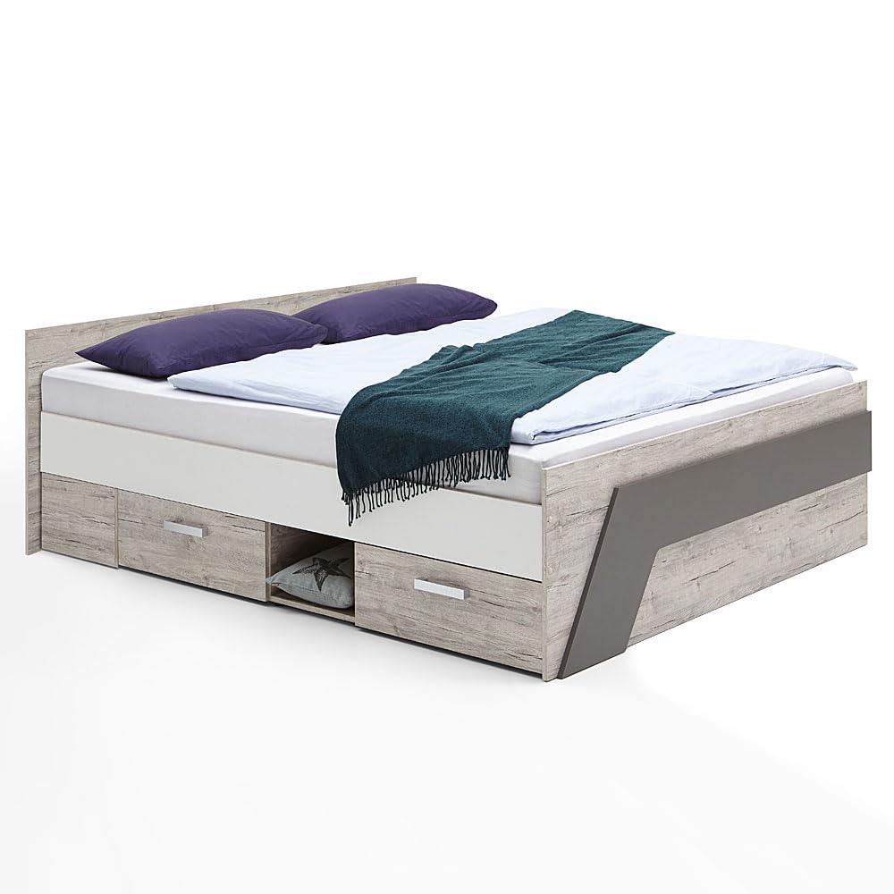 Lomadox Jugendzimmer Kinderzimmer Komplett Set, Sandeiche mit weiß Lava blau, 140 x 200 cm Jugendbett Kojenbett, Kleiderschrank, Nachttisch, Kommode