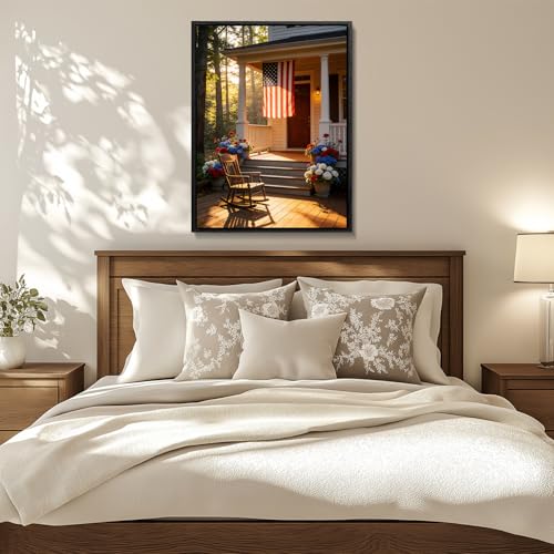 Image of American Flag Framed Canvas Wall Art, 4th of July Floral Canvas Prints, Summer Cottage Landscape Patriotic Decorations, Vintage Independence Day Wall Decor for Bedroom Living Room Office 16x20