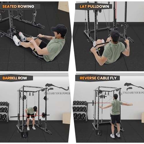 GaveeLife Power Cage, 2000 LBS Power Rack with Cable Cross-Over System, Multi-Functional Strength Training Squat Rack with LAT Pull Down System, Home Gym Equipment with Training Attachment, Red