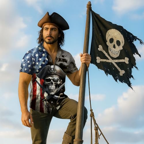 Pirate Hawaiian Shirt, American Flag Shirt, Mens Pirate Shirts, Skull Hawaiian Shirts for Men3