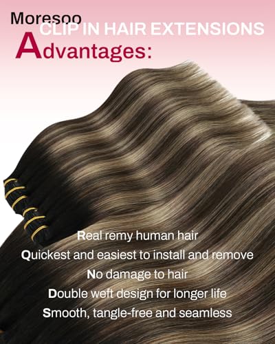 Image of Moresoo Ombre Clip in Hair Extensions Black to Dark Brown with Dark Blonde Extensions Clip in Human Hair Double Weft Balayage Natural Black to Blonde with Brown for Women Long 120g /7pcs 18 inch