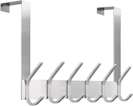 DOKU Over The Door Hooks, Stainless Steel Heavy Duty Over Door Hanger Holder for Coat Robe Hat Clothe Towels Hanging, Bathroom Organizer Towel Rack 12 Hooks, Brushed Nickel