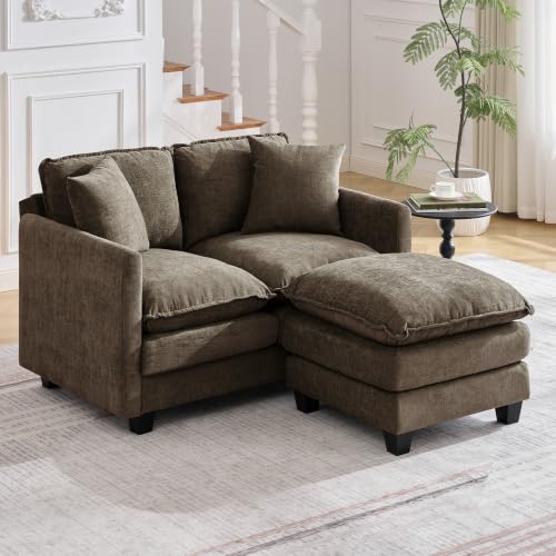 Image of 51'' Cloud Loveseat Couch with Ottoman, Love Seats Cloud Sofa with 2 Throw Pillows, Modern 2 Seater Sectional Couches with Deep Seat, Modular Sofas for Living Room, Bedroom, Small Apartment, Brown