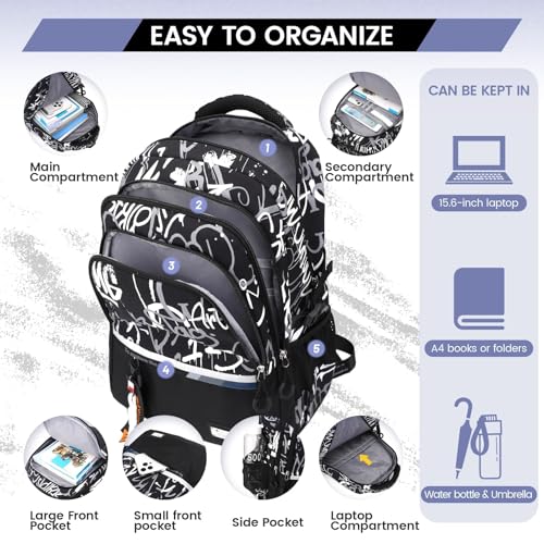 حقيبة ظهر مدرسية للأولاد، حقيبة كتب أزوني للعودة إلى المدرسة الثانوية، حقائب ظهر كاجوال خفيفة الوزن للأطفال، حقيبة ظهر نايلون مخصصة للسفر للرجال، أسود