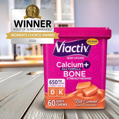 Image of Viactiv Calcium + Vitamin D Supplement Soft Chews for Women & Men - Chewable Calcium for Bone Health Support, 650 mg per Serving, Vitamin D & K for High Absorption - 60 Count, Caramel