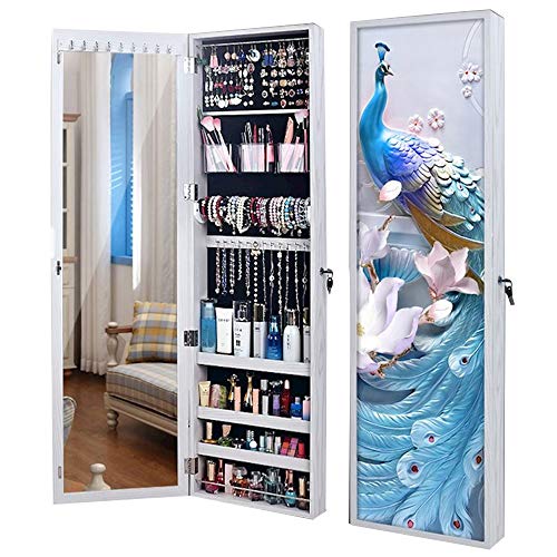 RENJIANFENG Patrón De Plumas De Pavo Real Gabinete De Joyería Madera Cerradura Montado En La Pared, Espejo De Cuerpo Entero, Organizador De Armario De Joyería Montado, Almacenamiento Joyas Maquillaje