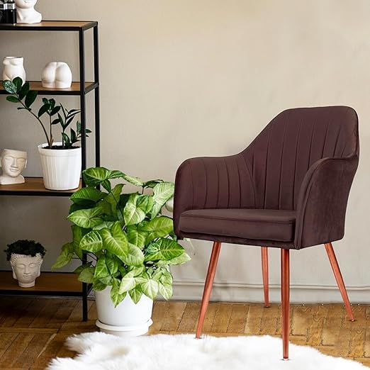 Image of Set of 2 Velvet Dining Chairs, Cushion Seat Chair for Living Room Bedroom Restaurant, Modern Contemporary Upholstered with Polished Rosegold Metal Legs (Brown)