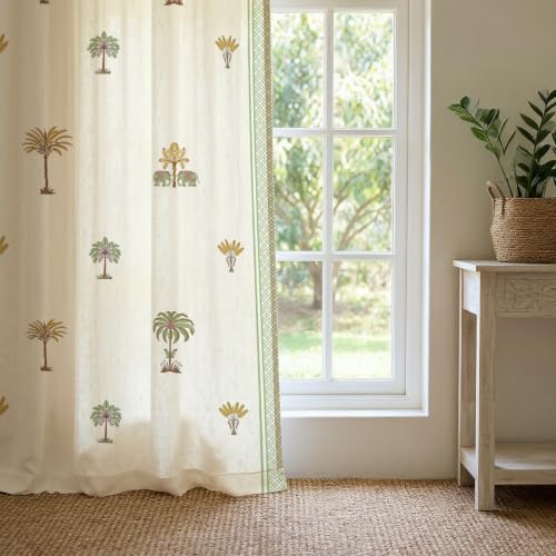 Image of Urban Space 100% Cotton Floral Curtains 8 Feet Long Set of 2, 60-65% Room Darkening, Decorative Curtains with Eyelets /Rings for Hanging, Tieback Included (Madhavi Sage Green, Long Door - 8 Feet)