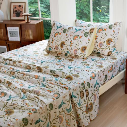 Image of FADFAY Cal King 100% Egyptian Cotton Sheets Set 4 Piece, Luxury Cottagecore Botanical Floral Bird Print Ultra Soft Cooling Bed Sheets, Breathable Deep Pocket Hotel Quality Bedding for Hot Sleepers