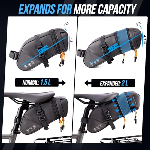 Image of WOTOW Bike Saddle Bag - Waterproof Bike Seat Bag Expandable to 2L - Reflective Bicycle Under Seat Storage Pouch for Road Mountain Bike Cycling Travel