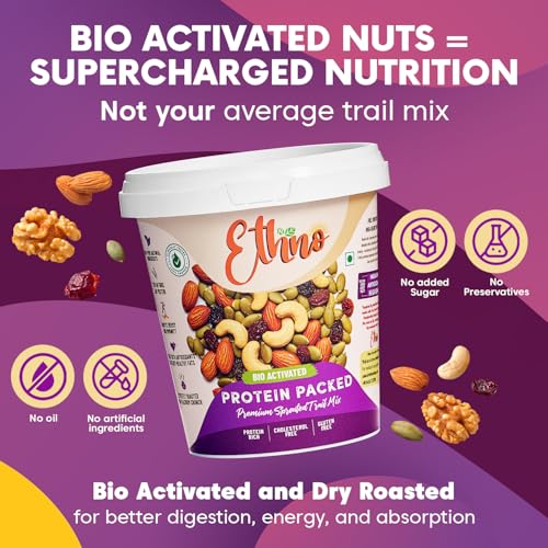 Image of Ethno Protein Packed Bio-Activated Trail Mix (7-Pack) - Roasted Almonds, Cashews, Raisins, Pumpkin Seeds - Sprouted Nuts & Seeds + Mixed Dry Fruits Combo Pack - No Added Sugar, Oil-Free, Healthy Snack