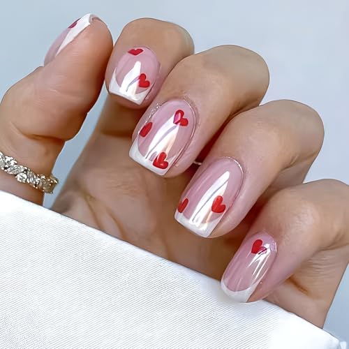 Image of White French Tip Press on Nails Heart Fake Nails Short Square False Nail Press ons Chrome with Design Reusable Glossy Full Cover Stick on Nail for Women Girls Manicure 24Pcs