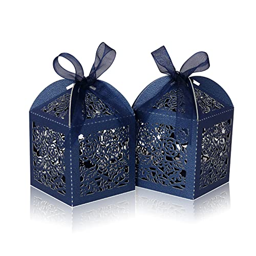 DOYIDE 100pcs Laser Cut Favor boxes, Wedding Favors Candy Boxes with Ribbons and Tags, Small Gift Boxes for Wedding,Party,Baby Shower,Bridal Shower (100-2x2x2.76", Deep Blue)