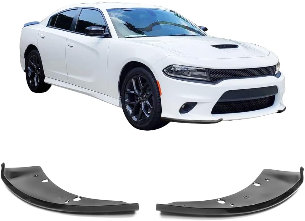 IKON MOTORSPORTS, Front Lip Protector Compatible with 2015-2023 Dodge Charger Scat Pack SRT, Gloss Black Lower Lip Guard Pair