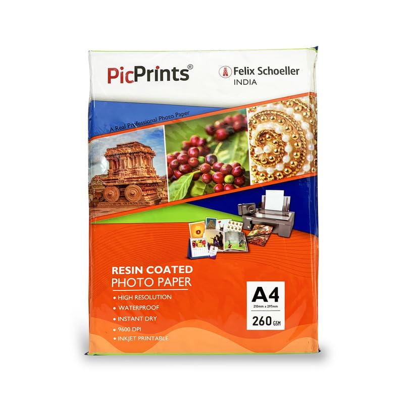Studio Gloss Photo Paper 260 GSM (A4 size, 20 sheets, Pack of 1) | Resin Coated | For all Inkjet Printers | Water Proof, Scratch Resistant, Instant Dry, Long Lasting, Vibrant Color