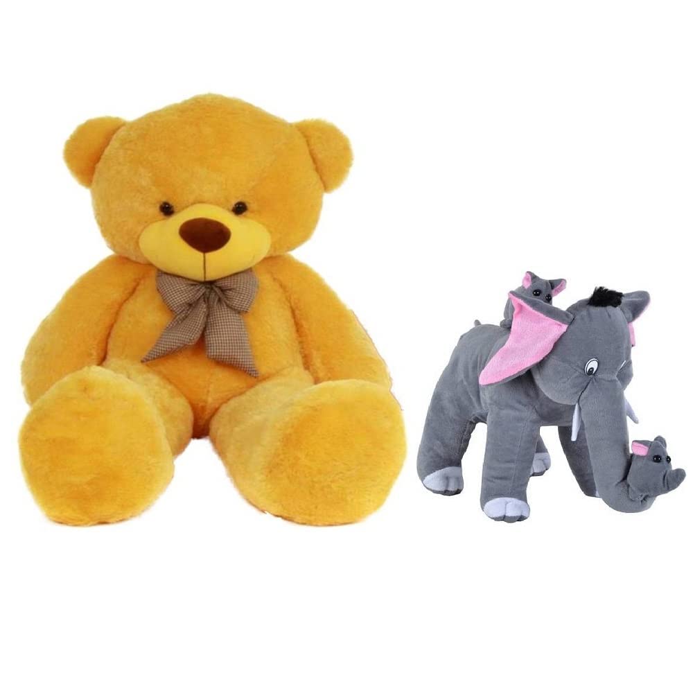 V Teddy 4 FEET Soft Yellow HUGABLE Teddy Bear with Cute Mother Elephant and HER Baby Elephants Combo Offer (120 cm)