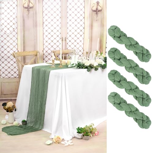 4 Stück Käsetuch Tischläufer Salbeigrün, 90 x 300 cm Rustikaler Gaze Stoff Boho Seihtuch für Hochzeit - Cheesecloth Tischdecke für Party, Bankett-Dekoration