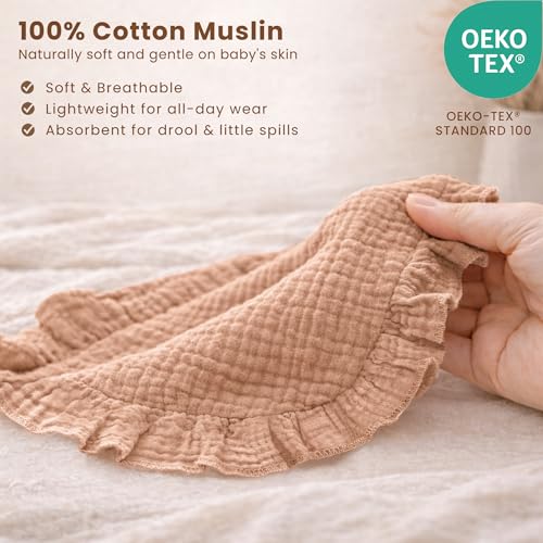 Image of Konssy 3-Pack Muslin Baby Girl Bibs, 100% Cotton with Ruffle Trim | Ultra Soft & Absorbent, Baby Essentials for Drooling and Teething, for Newborn, Infant & Toddler 0-36 Months