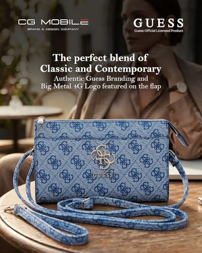 Image of CG MOBILE Guess Universal Phone Wallet Bag Officially Licensed, Big 4G Logo Print Phone Pouch with Crossbody Strap, Impact-Resistant Protective Phone Holder for Women - Blue