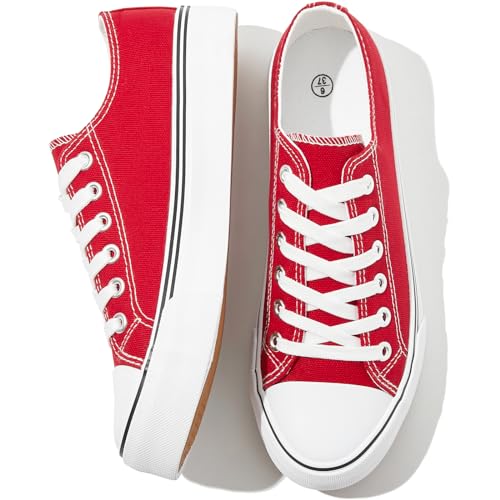 FRACORA Womens White Black Canvas Sneakers Low Top Canvas Shoes for Women Tennis Shoes(Red,US8)