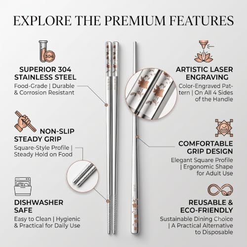 Image of RIANZ 304 Stainless Steel Korean Chopsticks 23.5 cm, Laser Engraved, 1 Pair (Style 2)