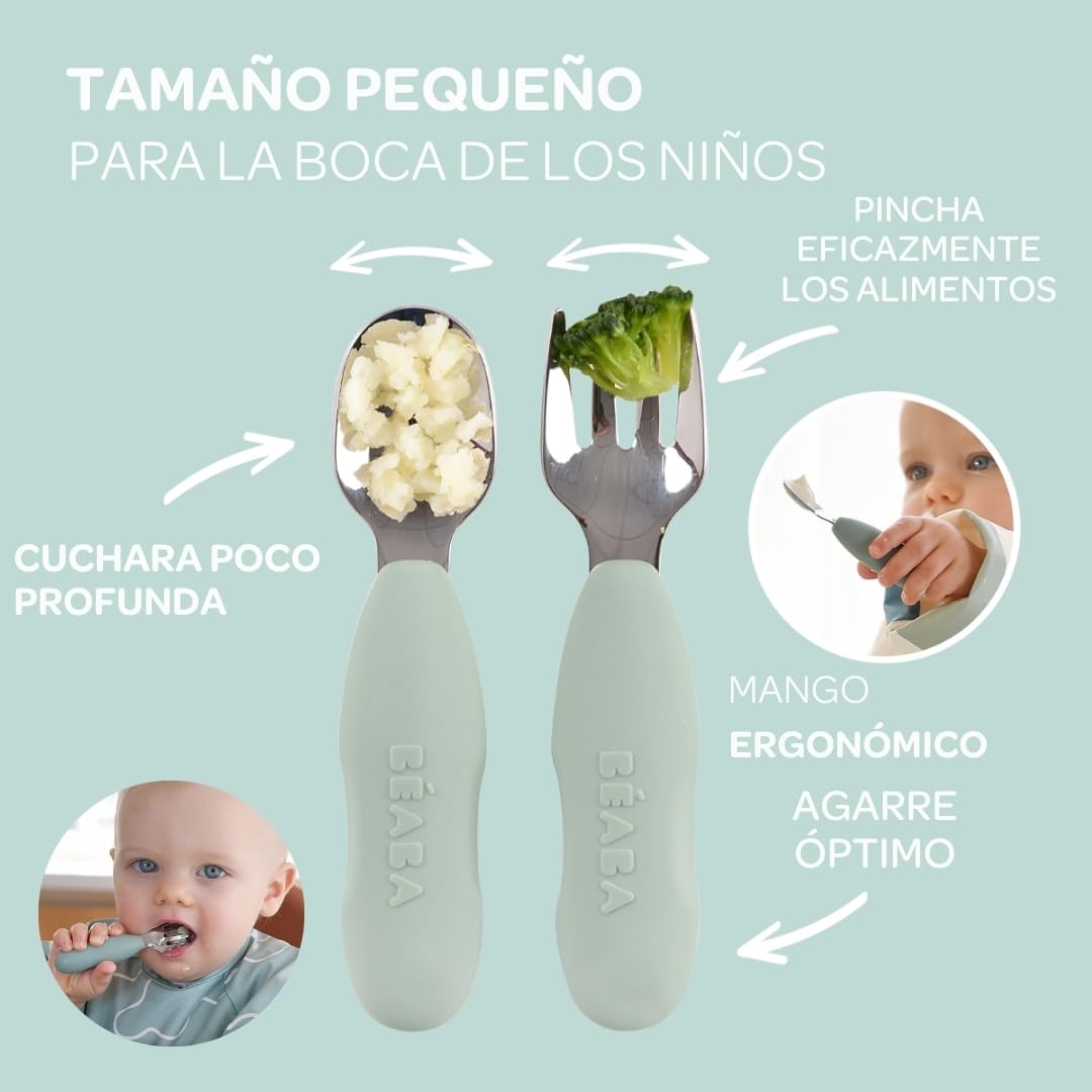 BÉABA, Juego de 2 cubiertos de acero inoxidable y silicona, cubertería infantil, a partir de 10 meses, forma ergonómica, mango ergonómico, cubiertos para bebé, color verde
