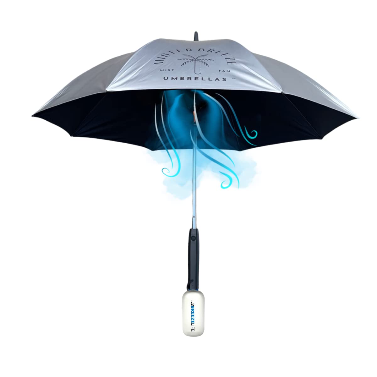 MISTERBREEZE Breeze Life UPF 50+ Sun Umbrella with Built in Fan and Mister System. Perfect for Festivals, Amusement Parks, Sporting Events or anywhere you want to Keep your Cool (Silver)