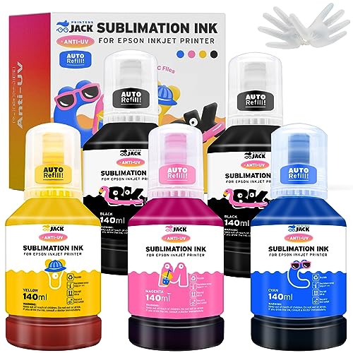 Image of Printers Jack 700ML Sublimation Ink for EcoTank Supertank Inkjet Printer ET-2720 ET-2760 ET-2750 ET-2700 ET-3700 ET-3710 ET-3750 ET-3760 Heat Press Transfer on T-Shirt (Autofill /ICC-Free /Anti-UV)