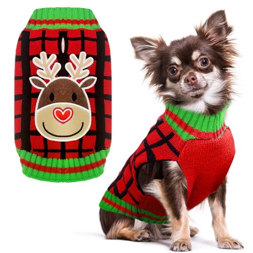 HRTTSY Dog Christmas Jumper with Harness Hole Red Plaid Elk Doggie Outfits Sweater for Small Medium Large Dogs Cats Warm Fall Winter Puppy Clothes Vest Pet Holiday New Year Costume
