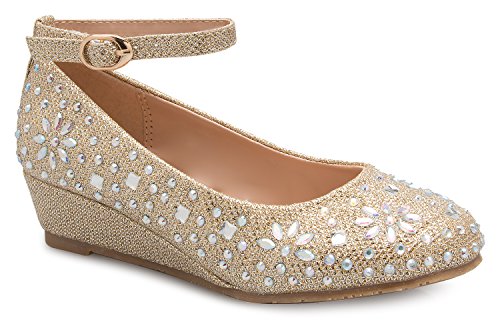 Image of Olivia K Girl's Low Wedge Heel Ankle Strap Sparkly Rhinestone Shoes (Toddler /Little Girl)