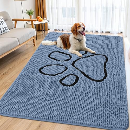 Image of Smiry Dog Door Mat for Muddy Paws, Absorbent Dirt Trapper Non Slip Quick Dry Washable Chenille Mat for Mud Dogs, Entry Rug for Indoor and Outdoor (71x46 Inches, Airy Blue and Black)