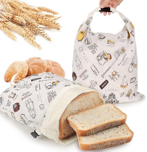 Cotton Beeswax Bread Bags 2 Pack β Reusable, Breathable & Eco-Friendly Storage for Homemade Bread, Sourdough & Baguettes β Washable with Carry Handle A