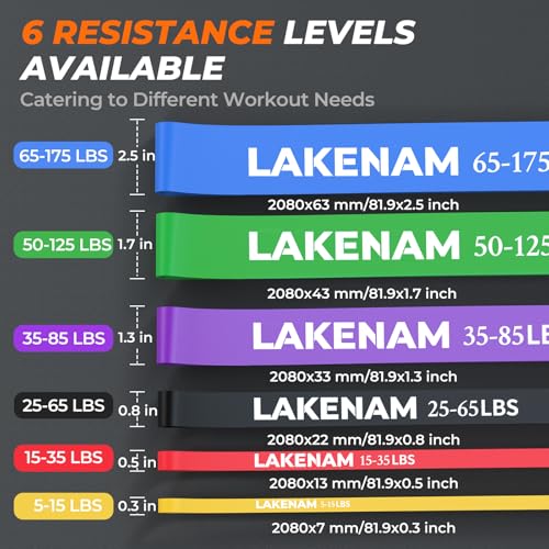 LAKENAM Resistance Bands Set, Exercise Workout Pull Up Assistance Bands with 6 Resistance Levels, Muscle Training Straps for Fitness, Working Out, Body Stretching, Physical Therapy, More