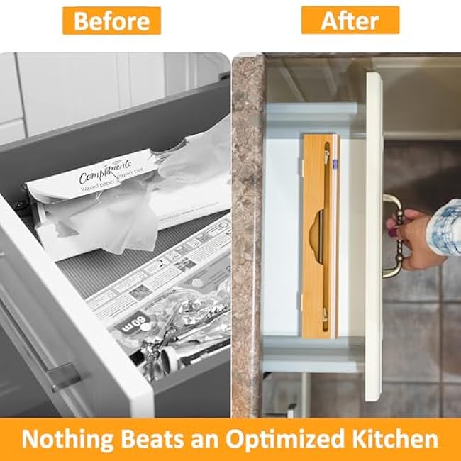 Bamboo Long Wrap Organizer Dispenser with Cutter for Kitchen Storage (3 Deep Drawer) for 15 Rolls, Reusable Mountable Space Saver for Saran Wrap, Aluminum Foil, Tin Foil, Wax Paper, Parchment Paper