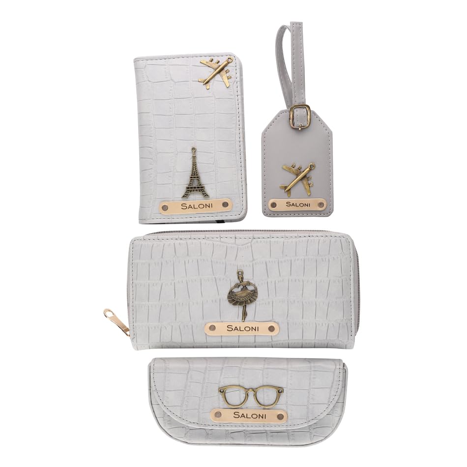 Personalized Men's Travel Giftset - Wallet, Passport Cover, Bag Tag & Eyeglass Case With Name, Baby Grey