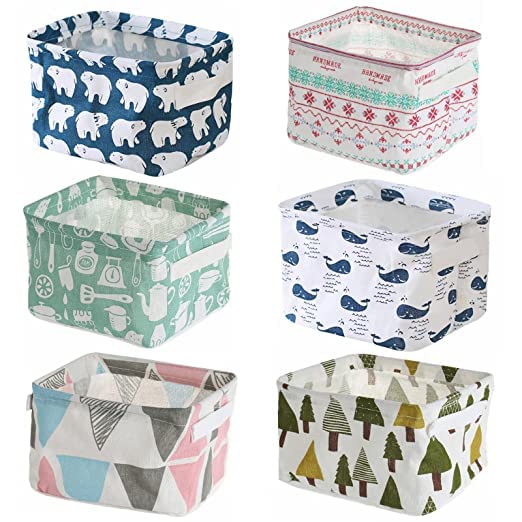 Anayu Store Collapsible Fabric Storage Baskets (Pack of 6, Multicolor, Cotton Linen Blend)