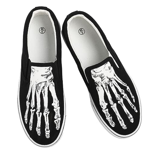 Skeleton Feet Slip-on Sneakers Hand Painted Artwork Shoes Funny Skull Walking Canvas Shoes Custom Handmade Black