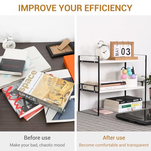 Image of Desk Shelf Organizer for Top of Desk, Detachable 2 Tier Desktop Bookshelf, Wooden Desk Shelves Storage Rack, Small Desktop Shelf for Office Home Dorm, Tabletop Desk Organizer Stand (White+Black)
