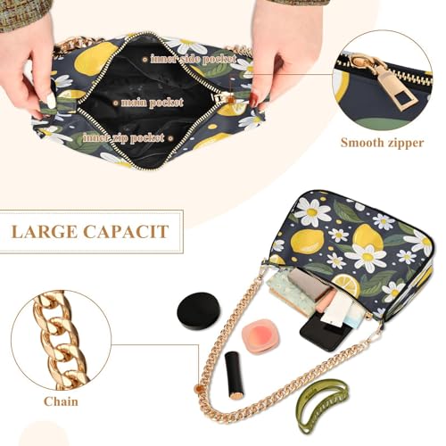 Image of Shoulder Bags for Women Vintage Yellow Lemon Fruit and Blue Print Hobo Tote Handbag Small Clutch Purse with Zipper Closure