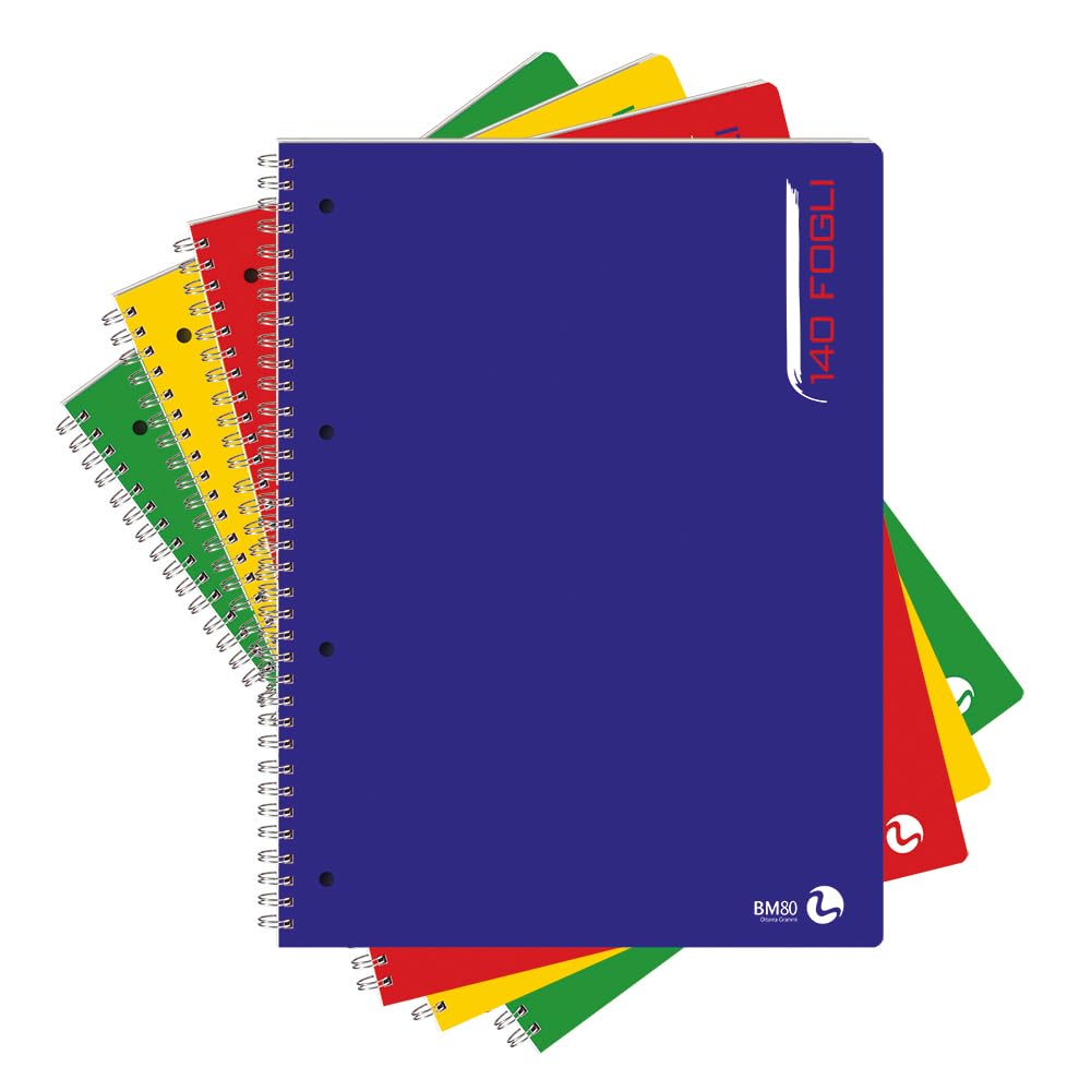 BM BeMore - Maxi Color Spiral Pad, 0112761-140 Sheets - Spiral Pad with Holes A4 Size - 1R Ruling, Lines Without Margins - 80gsm Paper - 4 Assorted Colours - Pack of 3