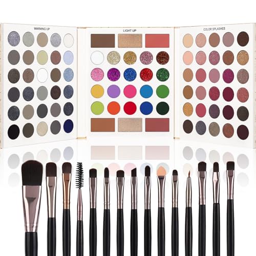 Black Grey Eyeshadow Makeup Palette + 15 Brushes Set, 86 Colors Matte Glitter Highly Pigmented Long Lasting Eye shadow, Blush, Contour, Highlighter All in One Make Up Kit for Halloween & Daily Use