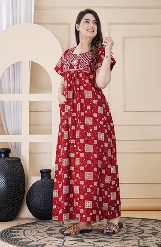Image of DIAMO Pure Cotton Embroidery Nighty for Women, Night Gown for Woman, Cotton Nighty for Women, Maxi Night Gown Nighty with a Pocket and Adjustable Knot (Free Size)