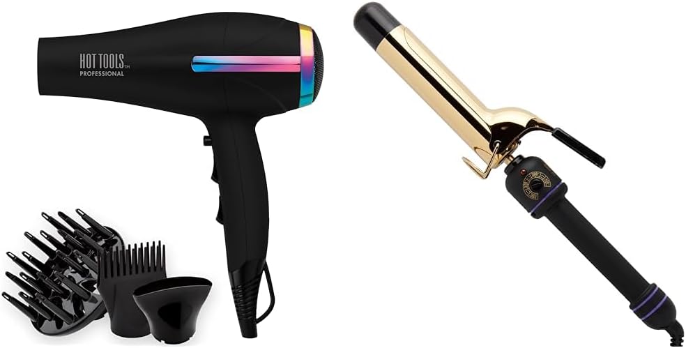 Hot Tools Professional Rainbow Turbo Ceramic Hair Dryer | 1875W Powerful and Quiet Blowouts & Pro Signature Gold Curling Iron | Long-Lasting, Defined Curls,