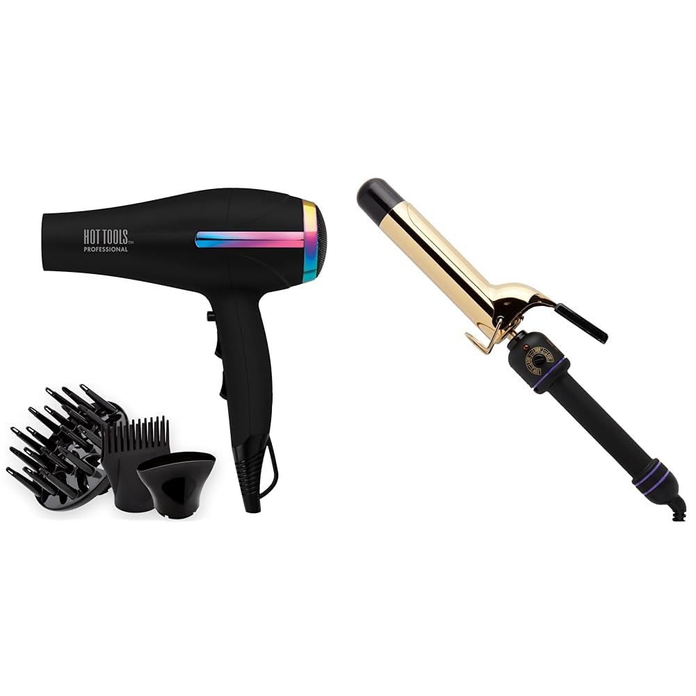 Hot Tools Professional Rainbow Turbo Ceramic Hair Dryer | 1875W Powerful and Quiet Blowouts & Pro Signature Gold Curling Iron | Long-Lasting, Defined Curls,