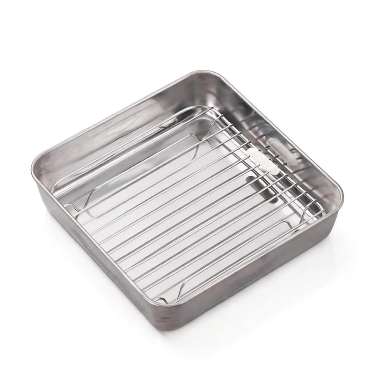 Tortiera Quadrata, Teglia da Forno in Acciaio Inox con Griglia, Teglie per Friggitrice ad Aria, Lavabile in Lavastoviglie, 21 x 21 x5 cm, Argento