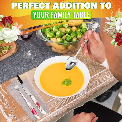 Image of Sugar Spoon Set of 6 - Elegant 8.3″ Floral Table Tablespoons Set with Non-Heating Ceramic Handle for Secure & Comfortable Grip - Food-Safe & Corrosion-Resistant Stainless Steel Soup Spoons Silverware