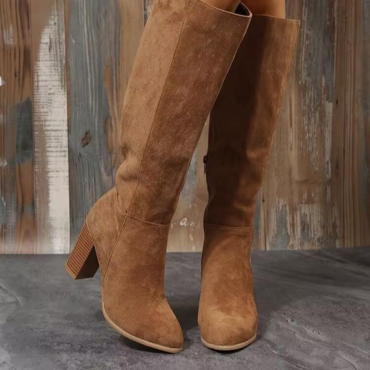 Women's Pointed Toe Knee High Boots Faux Suede Side Zipper Chunky Block Heel Stretch Winter Thigh High Boots2