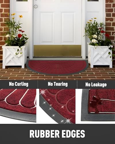 Image of Semi-Circle Durable Rubber Non Slip Front Door Mat for Outside Inside Entry Entryway | Dirt Trapper Welcome Mat for Muddy Paws and Shoes, Maroon, 45x75 cm