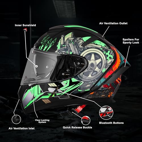 Image of Steelbird SBH-32 Trickster Bluetooth ISI and Dot Certified Full Face Helmet for Men and Women with Inner Smoke Sun Shield